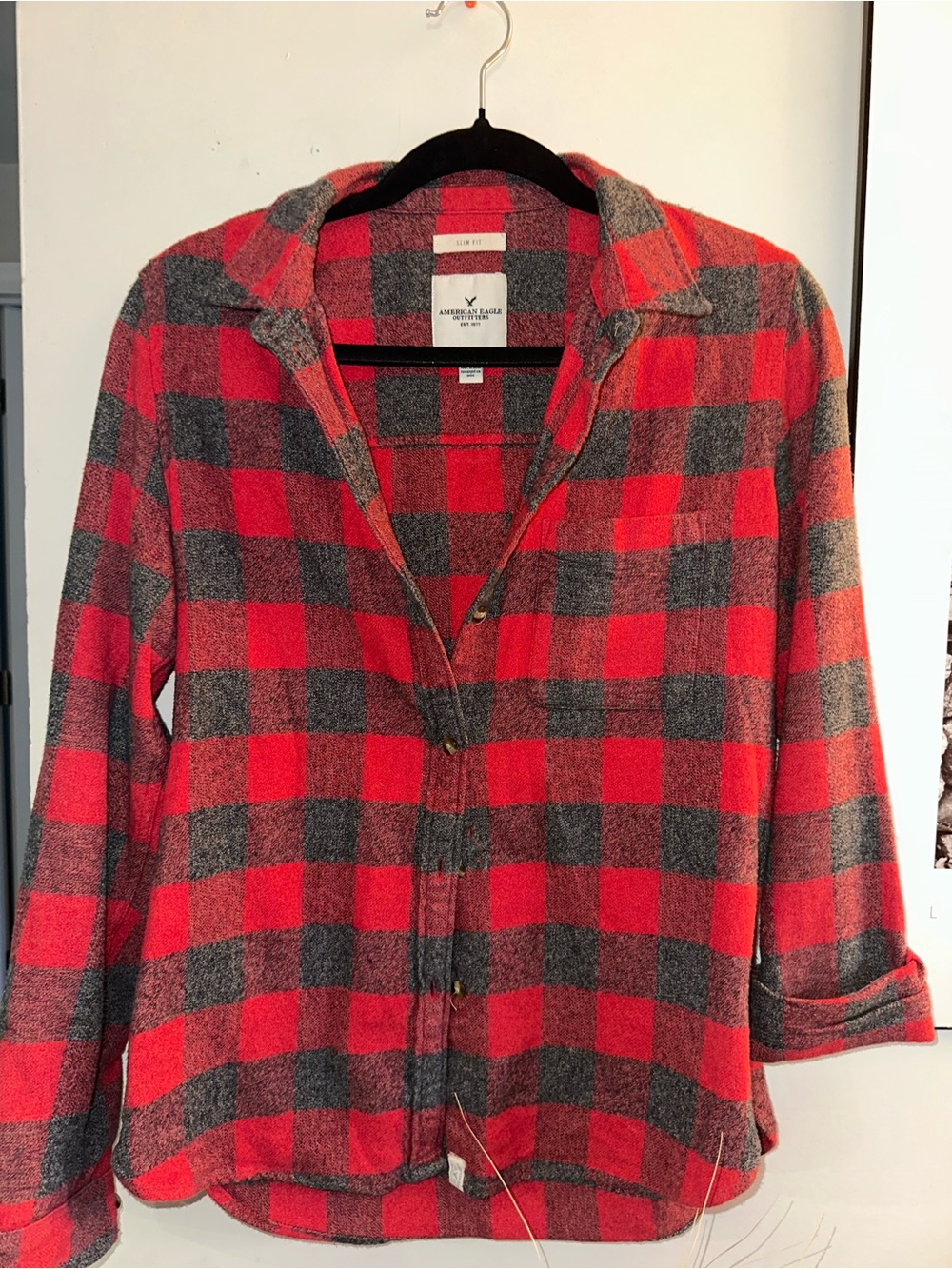 American Eagle Outfitters Red and Gray Plaid Button-Down Shirt